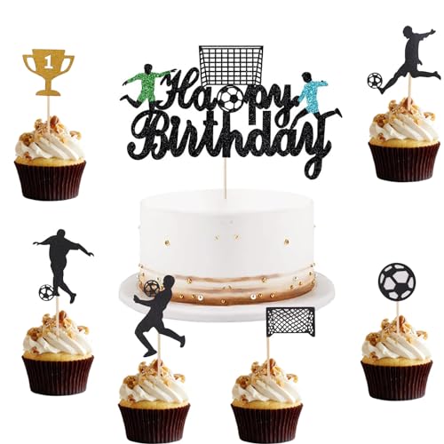 ALEGRE Fussball Tortendeko Geburtstag,13 Stück Fussball Deko Geburtstag Tortenaufleger Junge,Happy Birthday Kuchen Deko Fußball,Glitzer Deko Torte Schwarz Cupcake Topper für Kinder Geburtstag Party von ALEGRE