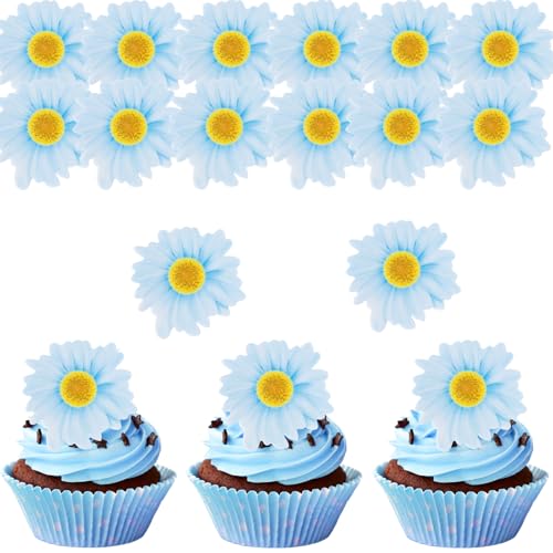 ALEGRE Essbare Gänseblümchen Tortendeko Blumen,48 Stück Essbare Blumen für Torte Taufe,Esspapier Kuchendeko Blumen,Essbare Blüten Torten Deko,Blau Gänseblümchen Cupcake Deko Essbar,Blumen Cake Topper von ALEGRE