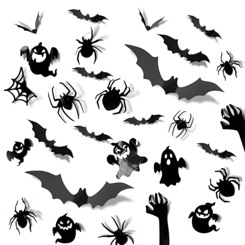 ALEGRE Geister Spinnen Fledermaus Deko Halloween Sticker, 30 Stk Halloween Deko Gruselig Set, 3d Fledermaus Deko Sticker+Spinne Deko Aufkleber+Gespenst Fenstersticker,Gespensterparty Gothic Dekoration von ALEGRE