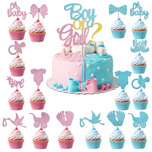 ALEGRE Gender Reveal Tortendeko Babyparty,17 Stück Glitzer Oh Baby Cake Topper,Baby Boy or Girl Deko Kuchen,Baby Shower Cupcake Topper Blau Rosa,Tortenstecker für Taufe,Gender Reveal Party Deko von ALEGRE