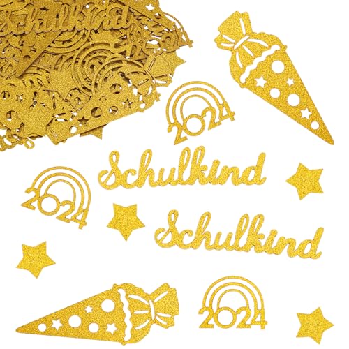 ALEGRE Glitzer Streudeko Einschulung Mädchen Junge Groß 2-8cm, 100 Stk Tischdeko Einschulung Deko, Konfetti Schulanfang Deko, Schultüte Regenbogen Deko Schulanfang, Schulkind Deko Schuleinführung Gold von ALEGRE