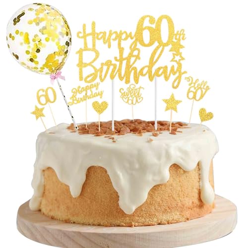 ALEGRE Tortendeko 60 Geburtstag Frau Mann,Glitzer Cake Topper 60 Geburtstag Deko,10 Stück Happy 60th Birthday Torten Deko 60 Geburtstag,Hello 60 Kuchendeko 60 Geburtstag Gold von ALEGRE