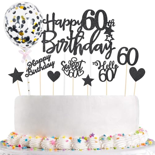 ALEGRE 60 Geburtstag Torten Deko Schwarz,Tortendeko 60 Geburtstag Frau Mann,10 Stück Glitzer Cake Topper 60 Geburtstag Deko,Happy 60th Birthday Kuchendeko Geburtstag 60 Jahre,Hello 60 Deko von ALEGRE