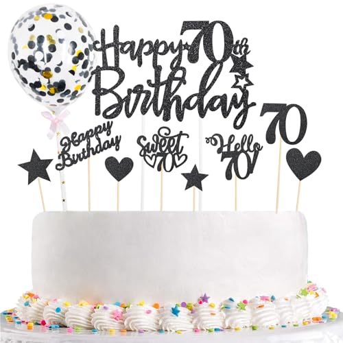 ALEGRE Tortendeko 70 Geburtstag Mann Frau,Cake Topper 70 Geburtstag Deko,10 Stück 70. Geburtstag Torten Deko Schwarz,Hello 70 Kuchendeko 70 Geburtstag,Happy 70th Birthday Kuchen Deko 70 Geburtstag von ALEGRE