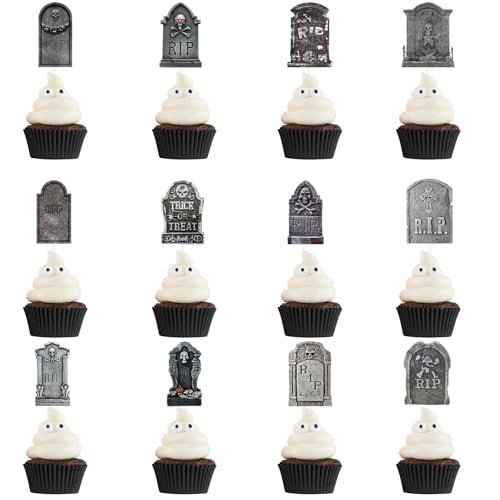 ALEGRE Grabstein Tortendeko Halloween,24 Stück Halloween Muffin Deko,Halloween Grabstein Kuchen Deko 12 Designs,Halloween Cupcake Topper,Halloween Cake Topper für Halloween Party von ALEGRE