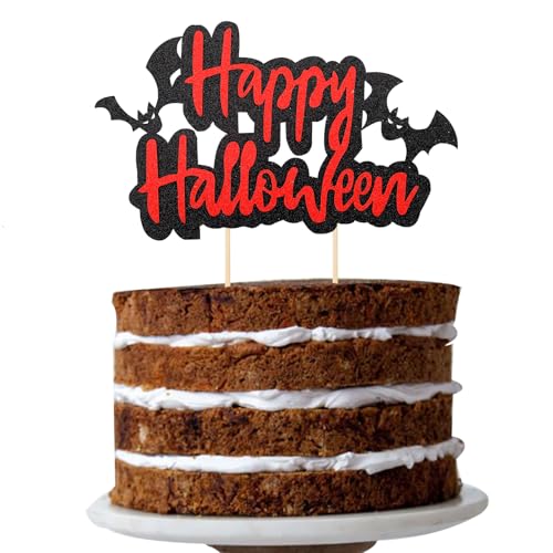 ALEGRE Halloween Tortendeko,Glitzer Halloween Cake Topper,Kuchendeko Halloween,Fledermaus Deko Torten Schwarz Rot,Halloween Horror Deko,Tortendeko Halloween für Halloween Party Deko von ALEGRE