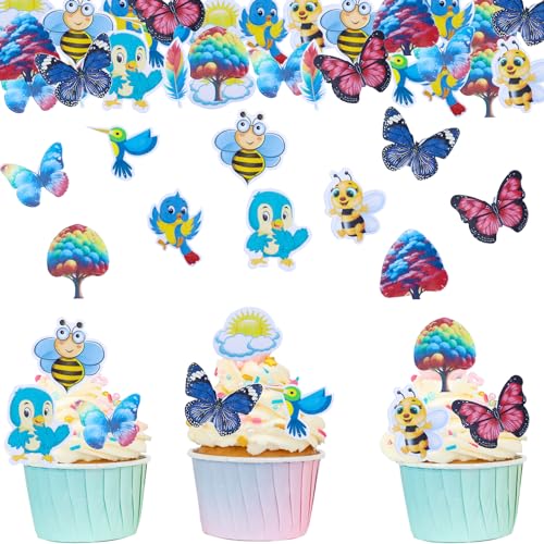 ALEGRE 72 Stück Essbare Tortendeko Schmetterlinge Deko Kuchen,Hawaii Tortendeko Essbar Biene Cupcake Toppers,Essbare Wald Deko für Torte,Esspapier Tortendeko Baum Muffin Deko für Geburtstag Hochzeit von ALEGRE