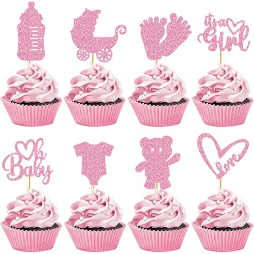 ALEGRE It's a Girl Tortendeko Baby Mädchen,16 Stück Baby Girl Cupcake Topper,Oh Baby Cake Topper Rosa,Babyparty Kuchen Deko Mädchen,Glitzer Muffin Deko für Babyshowerparty Deko Mädchen,Taufe von ALEGRE