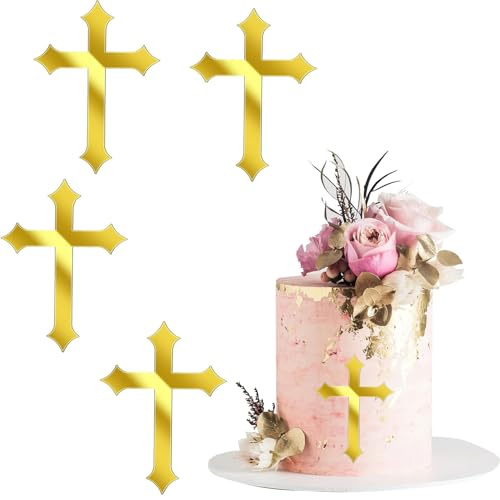 ALEGRE Tortendeko Kreuz,Taufe Cake Topper Gold 8x11cm,4 Stück Kreuz Tortendeko Kommunion Deko Mädchen Junge,Acryl Kuchendeko für Hochzeit Babyparty Geburtstag Party Kommunion von ALEGRE