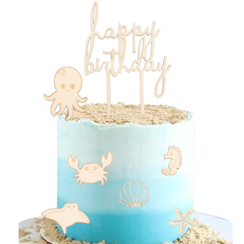 ALEGRE Happy Birthday Tortendeko Holz Meerestiere Cake Topper Geburtstag,7 Stück Holz Ozean Thema Kuchendeko Geburtstag,Unterwasserwelt Tortendeko Geburtstag,Seestern Torten Topper Kindergeburtstag von ALEGRE