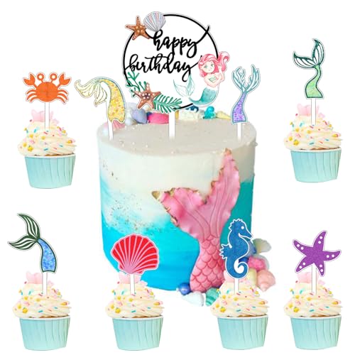 ALEGRE Meerjungfrau Tortendeko Geburtstag Mädchen,9 Stück Meerjungfrau Geburtstag Deko Kuchen aus Acryl,Mermaid Cake Topper Happy Birthday Torten Deko,Ocean Theme Kuchendeko Kindergeburtstag von ALEGRE