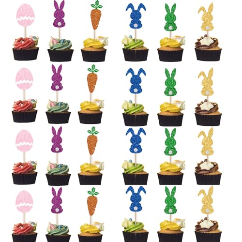 ALEGRE Ostern Cupcake Topper Hasen Deko,24 Stück Glitzer Kuchen Deko Ostern,Möhren Tortendeko Ostern Party Deko,Osterei Tortenaufleger für Ostern Kinder Geburtstag Party von ALEGRE