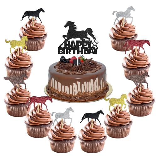 ALEGRE® Pferde Tortendeko Pferd Kuchendeko, 11 Stück Pferde Deko Geburtstag Kuchendeckel, Pferd Kuchen Deko, Pferde Geburtstagsdeko Cupcake Toppers, Happy Birthday Kindergeburtstag Deko, Muffin Deko von ALEGRE