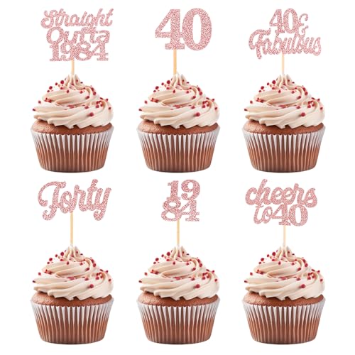 ALEGRE Rosegold Tortendeko 40 Geburtstag Frau Mann,24 Stück Glitter 40. Geburtstag Cupcake Topper Cheers to 40 Years Muffin Deko,Geburtstagsdeko 40 von 1984 für Deko 40 Geburtstag Tischdeko von ALEGRE