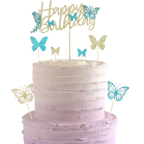 ALEGRE Schmetterlinge Tortendeko Geburtstag,Glitzer Schmetterlinge Deko Torte,7 Stück Happy Birthday Cake Topper,Blau Schmetterlinge Kuchendeko Mädchen,Torten Deko für Geburtstag,Hochzeit,Babyparty von ALEGRE