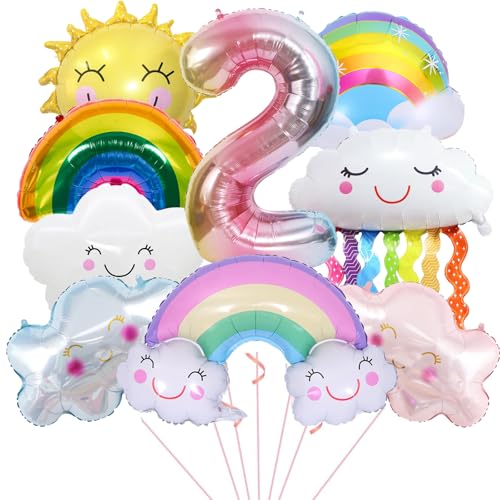 Regenbogen Geburtstagsdeko 2 Jahre Mädchen,Lächelnde Quasten Luftballon 2. Geburtstag Mädchen Junge,Wolkenförmige Sonne Ballon 2 Geburtstag Deko,Zahl 2 Folienballon,Kindergeburtstag Deko Luftballons von ALEGRE