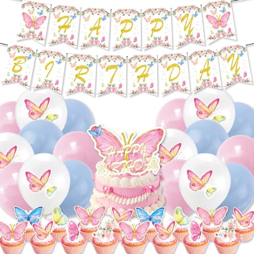 ALEGRE® Schmetterling Geburtstagsdeko Mädchen, Schmetterlinge Deko Geburtstag Mädchen, Geburtstag Deko Mädchen Set mit Happy Birthday Banner, Weiß Blau Rosa Luftballons, Schmetterlinge Cupcake Topper von ALEGRE