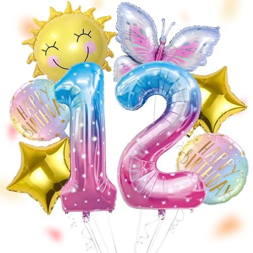 Sonne Schmetterlinge Luftballon 12 Jahre Mädchen, Schmetterling Geburtstagsdeko Mädchen 12 Jahre, Schmetterling Deko 12. Geburtstag Folienballon, Kindergeburtstag Deko für Schmetterling Themen Party von ALEGRE