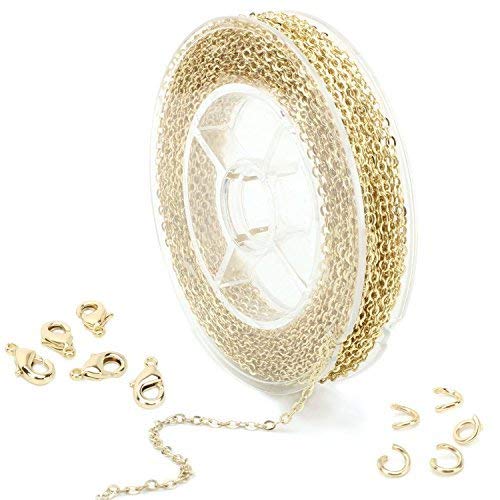 ALEXCRAFT 10 Meter Gold Gliederkette Schmuckherstellung Kette Überzogene Halskette Kabel Kette Metallkette mit 50 Sprung Ringe und 20 Karabinerverschlüsse für Schmuck Herstellung von ALEXCRAFT