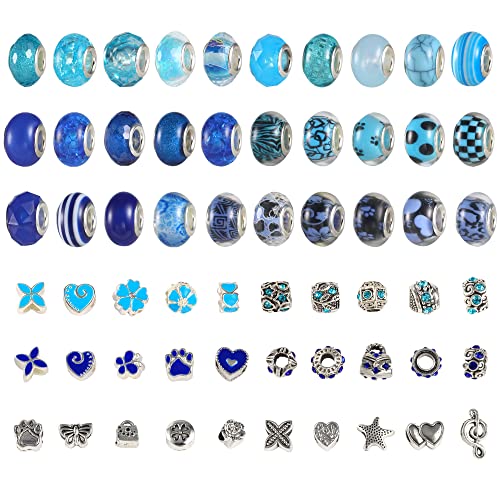 ALEXCRAFT Großen Löchern Perlen Zum Auffädeln, 60 Stück Runde Groß Glasperlen Set für Schmuckherstellung Charm Armbänder DIY, Perlen zum Auffädeln, Blau von ALEXCRAFT