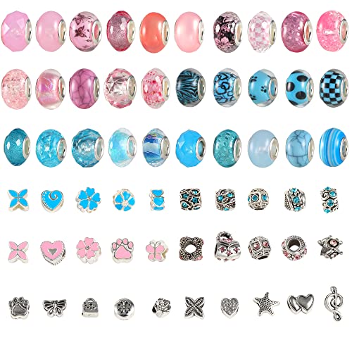 Großen Löchern Perlen Zum Auffädeln, 60 Stück Runde Groß Glasperlen Set für Schmuckherstellung Charm Armbänder DIY, Perlen zum Auffädeln Geschenke für Mädchen Kinder Freundschaft (Rosa/Blau) von ALEXCRAFT