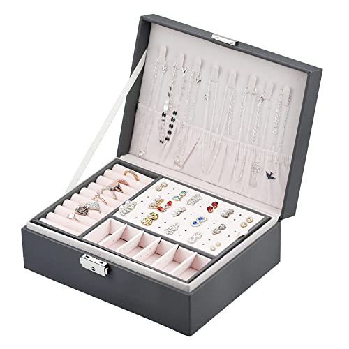 Schmuckkästchen Schmuck-Organizer Damen Schmuckkasten Schmuckschatulle Doppelschicht PU-Leder Aufbewahrungskoffer für Ringe,Ohrringe,Halskette,Geschenk,Schmuckaufbewahrung - 23 x 17,2 x 6,5 cm von ALFFREUDE