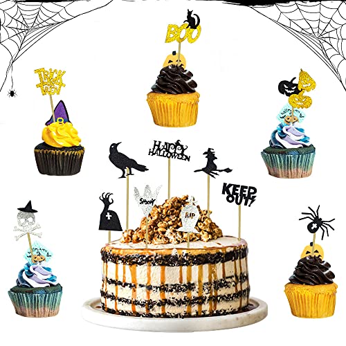 36 Stück Halloween-Cupcake-Topper, Glitzer, Friedhof, Skelett-Geist, Cupcake-Picks, Hexen-Spinne, Krähe, Cupcake-Toppers, Wörter, Kürbis, Cupcake-Topper, Wrappers für Halloween-Party-Dekorationen von ALIBBON