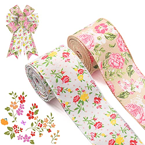 ALIBBON 2 Rollen 6,3 cm × 4,5 m Frühlingsblumenband mit Drahtrand Rose Blume Sackleinen Bänder rot gelb rosa Blumenband Blumenblätter Band für Frühlingskranz DIY Handwerk Geschenkverpackung Party von ALIBBON