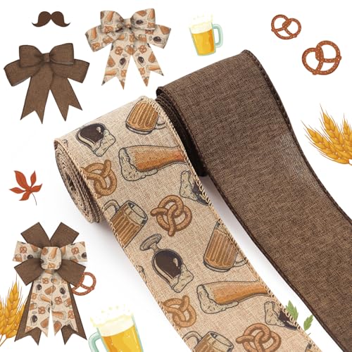 ALIBBON 2 Rollen 6,3 cm × 4,5 m Oktoberfest Band Deutsches Bayerisches Bier Drahtband Braun Stoffband für Oktoberfest Dekor Kranz DIY Handwerk Schleifen Herstellung Geschenke Verpacken Bier Festival von ALIBBON