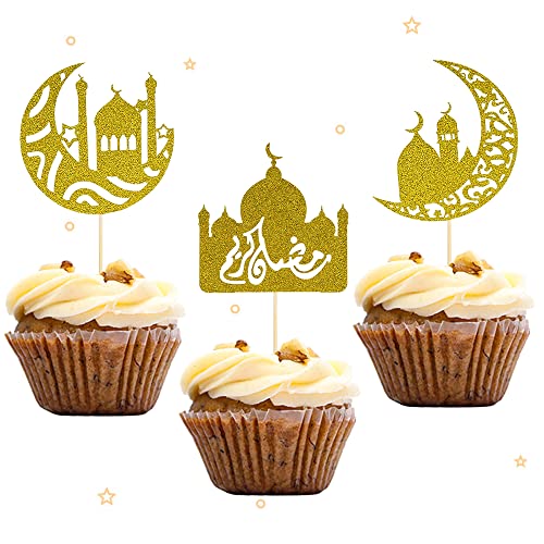 ALIBBON 30 Stück Eid Mubarak Cupcake-Topper, 3 Muster Glitzer Gold Moon Castle Cupcake Picks, Ramadan Mubarak Kuchenaufsatz, Ramadan Kareem Party-Dekorationen, islamische muslimische Party-Dekorationen von ALIBBON