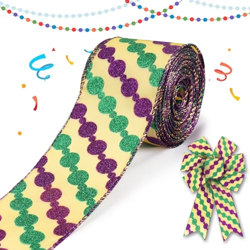 ALIBBON 6,3 cm × 9,1 m Mardi Gras Band Mardi Gras Perlen Drahtband Glitzer Grün Lila Gold Band für Karneval Kranz Karneval Maskerade DIY Handwerk Geschenke Verpackung Karneval Party Dekoration von ALIBBON