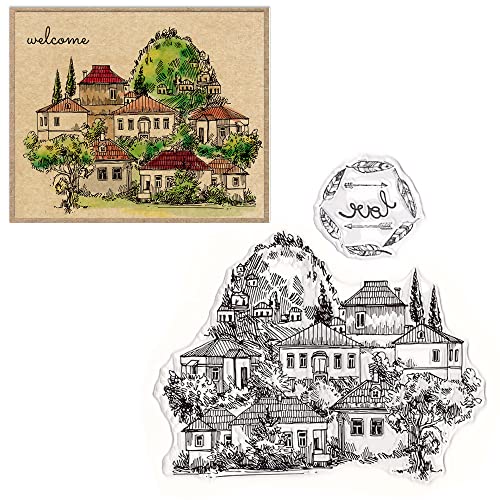 ALIBBON Baumhaus Hintergrund Klare Stempel für Kartenherstellung und Fotoalbum Dekorationen, Dorflandschaft Stempel, Liebeswörter Transparente Silikonstempel für Basteln und DIY Scrapbooking von Alibbon