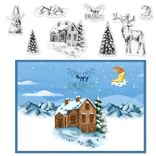 ALIBBON Frohe Weihnachten Clear Stamps für Kartenherstellung und Fotoalbum Dekorationen, Weihnachtsbaum Stempel, Rentier Schneemann Transparent Silikon Stempel für Basteln und DIY Scrapbooking von Alibbon