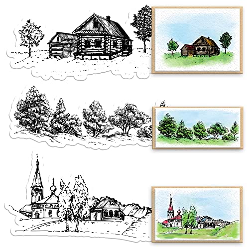 Stempel mit Schloss und Kirche, Kabine, Baum, durchsichtige Stempel, Dorf, Wald, Bäume und Landschaft, aus transparentem Silikon-Gummi, Fotoalbum, Dekorationen und DIY Scrapbooking von Alibbon