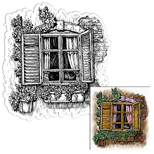 Transparente Stempel für Holzfenster, geöffnetes Fenster mit Blumen, Blättern, Pflanzen, transparente Stempel, Silikon-Gummi, für Kartenherstellung, Fotoalbum, Dekorationen und DIY Scrapbooking von ALIBBON