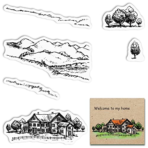 Transparente Stempel mit Bergvilla Baum-Motiv, Berge, Pfad, Haus, Bäume und Landschaft, aus Silikon, Gummi, für Kartengestaltung, Fotoalbum und DIY Scrapbooking von ALIBBON