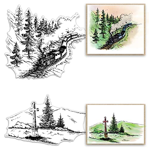 Zugkreuz Bäume Clear Stamps für Kartenherstellung und Fotoalbum Dekorationen Berg Wald Eisenbahn Zug Landschaft Transparent Silikon Gummi Stempel für Kartenherstellung und DIY Scrapbooking von Alibbon