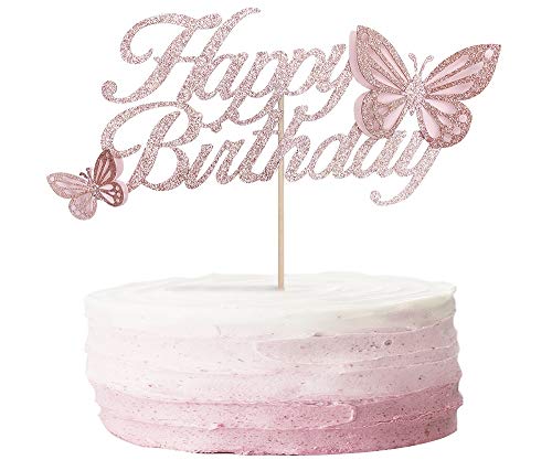 ALISSAR Rose Gold Happy Birthday Cake Topper mit 3D Handmade Butterfly Butterfly Cake Toppers für Mädchen Damen Geburtstag Kuchen Party Dekorationen von ALISSAR