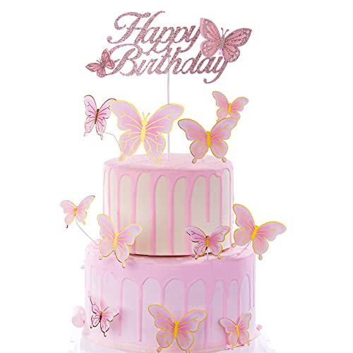 ALISSAR Rosegold Happy Birthday Cake Topper Set, Schmetterling Kuchen Topper und 16 Stück Schmetterling Cupcake Toppers für Mädchen Damen Geburtstag Kuchen Party Dekorationen von ALISSAR