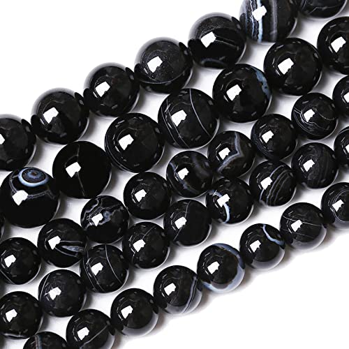 36 Stück 10 mm große, natürliche, schwarz gestreifte Achat-Perlen, Edelstein, rund, lose Perlen für Schmuckherstellung, Armband, Halskette, 38,1 cm von ALJXMNASFSS1