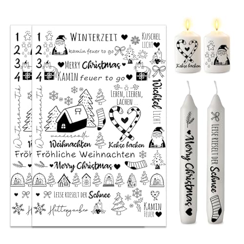 ALLAVA 2 Stück Kerzentattoos Weihnachten A4, Kerzentatoo Weihnachten, Wasserschiebefolie Kerzen, Kerzensticker Kerzenfolie für Kerze Tasse DIY Geschenk, Kerzen Dekorieren, Kerzensprüche (C) von ALLAVA