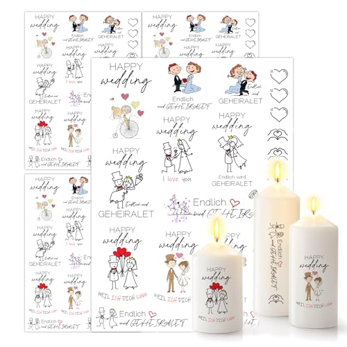 ALLAVA 4 Stück Kerzenattoos Kerzen Tattoo Hochzeit Wasserschiebefolie, Kerzenfolie Kerzentattoo Lieblingsmensch Sprüche für Kerzen und Keramik (19x14cm, Hochzeit A) von ALLAVA