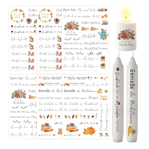 ALLAVA 6 Blatt Kerzentattoos Herbst, Herbst Kerzen, Rub On Sticker Herbst, Herbst Dekoration, Sticker Herbstdeko für Kinder zum Basteln, DIY Kerzen Geschenk, Kerzen Dekorieren (19x14, Herbst C) von ALLAVA