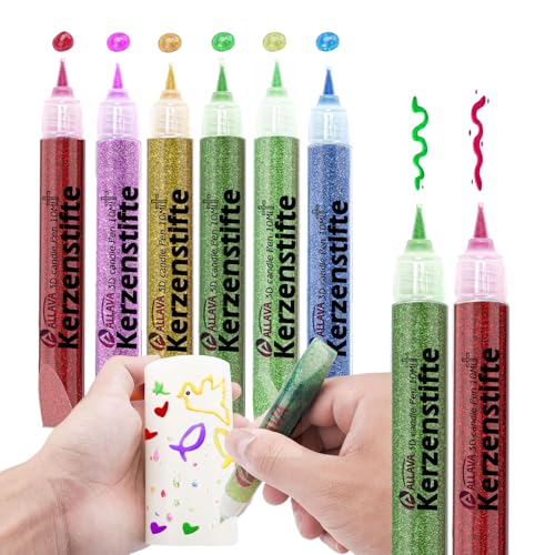 ALLAVA 6 Stück Kerzenstifte, Kerzen Bemalen Set 10ml Wachsstifte für Kerzen, Taufkerze Selber Machen, Candle Pen Kerzenfarbe Kerzenpen, Ideal zum Kerzen Dekorieren & Gestalten (Glitzernder Goldstaub) von ALLAVA