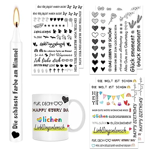 ALLAVA 6 Stück Kerzentattoos, Kerzen Tattoo, Alles Gute zum Geburtstag, DAS LEBEN IST SCHÖN! Kerzensticker Kerzenfolie für Kerze Tasse DIY Geschenk, Kerzen Dekorieren, Kerzensprüche (Stil F) von ALLAVA