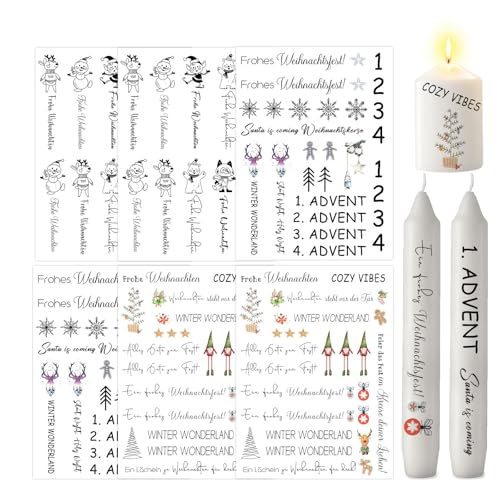 ALLAVA 6 Stück Kerzentattoos Weihnachten, Kerzen Tattoos A5, Wasserschiebefolie Rub on Sticker Weihnachten, Kerzensticker Kerzenfolie für Kerzen oder Keramik Bogen DIY Stickerbogen (Weihnachten D) von ALLAVA