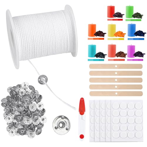 ALLAVA Kerzen Selber Machen Set, 6100cm Kerzendocht and 8 Kerzenfarbe, Kerzendocht mit 100 Stück Dochthalter, 100 Stück Kerzen Sticker, Dochte für DIY Kerzen, DIY Kommunionkerze, Duftkerzen von ALLAVA