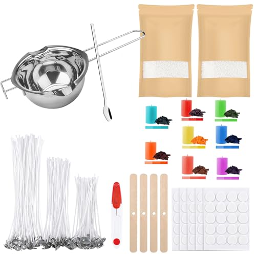 ALLAVA Kerzen Selber Machen Set, DIY Set Erwachsene, Kerzenwachs 1 KG, Wachsschmelztopf, 100 Kerzendochte, 8 Kerzenfarbe, Kerzen Aufkleber, Dochthalter, Candle Making Kit für Erwachsene und Kinder von ALLAVA