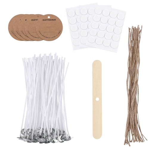 ALLAVA Kerzendocht Set, 60 Stück Kerzendocht 10cm, Dochte für Kerzen, 60 Stück Dochtaufkleber, Kerzen Selber Machen Set, Kerzendochte für Kerzenherstellung Candle DIY von ALLAVA