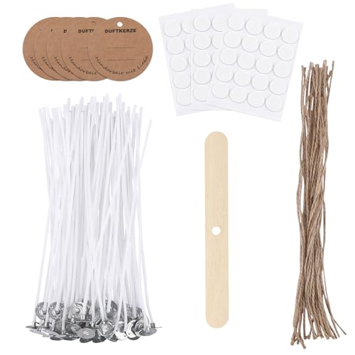 ALLAVA Kerzendocht Set, 60 Stück Kerzendocht 15cm, Dochte für Kerzen, 60 Stück Dochtaufkleber, Kerzen Selber Machen Set, Kerzendochte für Kerzenherstellung Candle DIY von ALLAVA